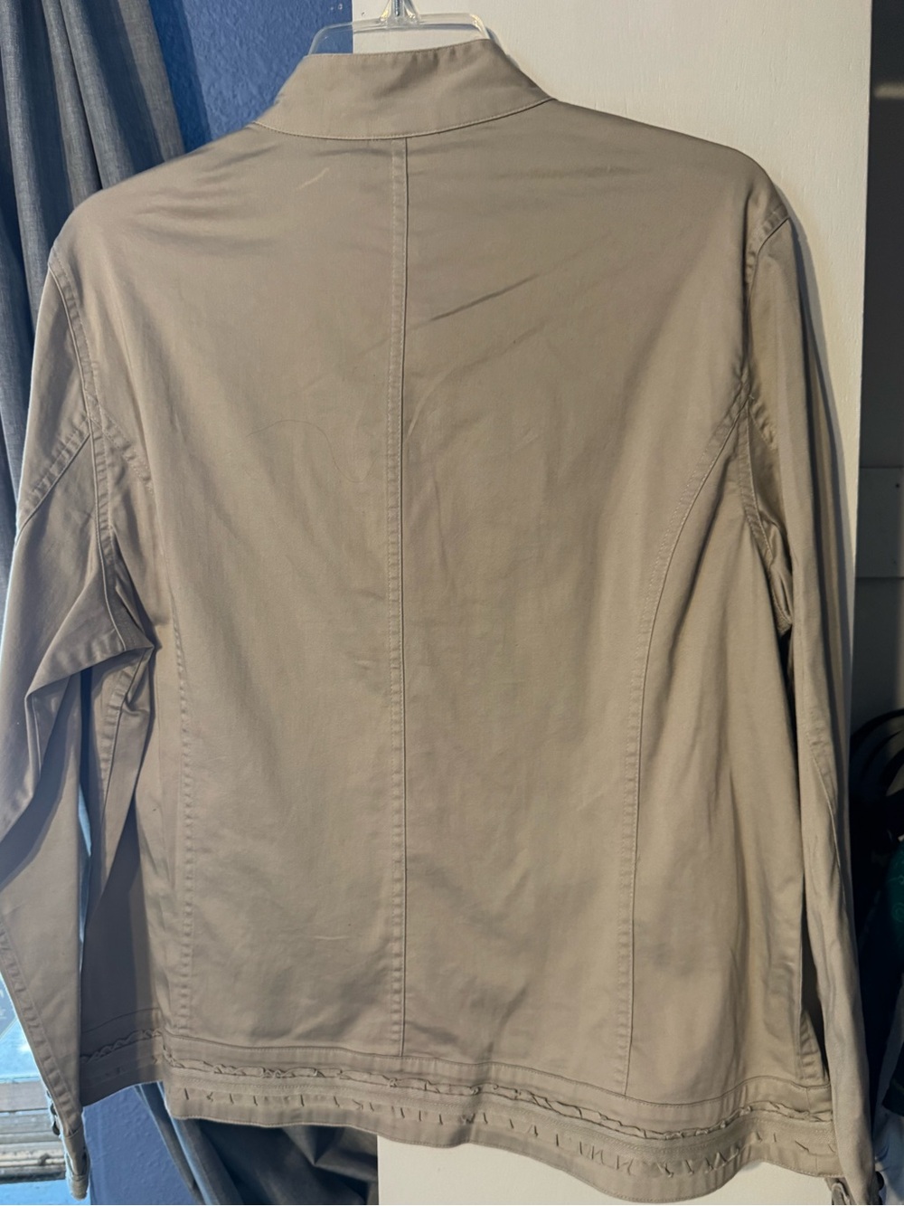 Chico's Taupe Ruffle-Trim Button-Front Utility Jacket - Picture 2 of 7